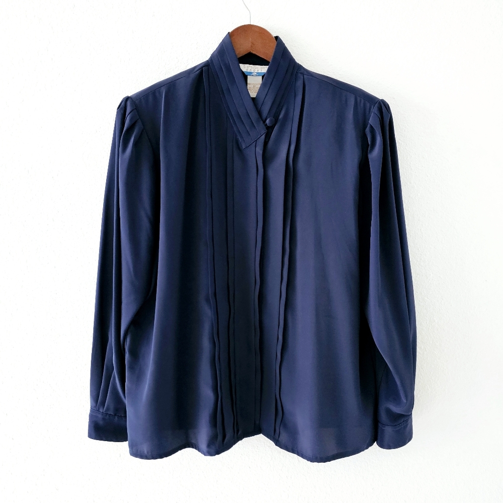 Vintage Ship N Shore blouse size 12 dark blue button front shoulder pads
